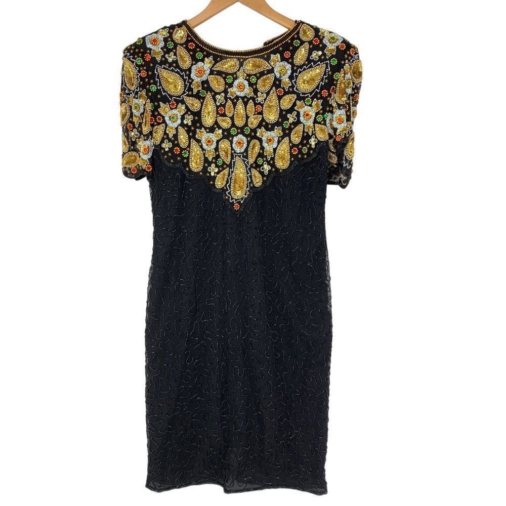 1980s Laurence Kazar NY Beaded Multicolor Bodice Dress Size L VTG 100 Silk 3989